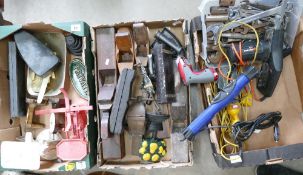 Mixed collection of vintage tools to include weighing scales, planes, Black & Decker BD280,