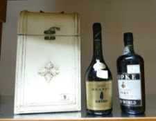 Kopke Fine Tawng Port and Sandeman Brandy with reproduction 2 bottle case (3)