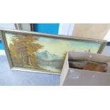 a large collection of un-mounted vinatge oak picture frames together with very large oil on canvas