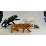 Large black Beswick Panther on a Rock 1702 together with Beswick Leopard and Spirit of the Wind on
