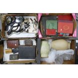 Four trays of assorted books, watches, stoneware vases, hand mirrors, stamp albums and coins etc.