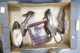 A collection of ladies vintage clothing including faux Crocodile handbags and Snake and Crocodile