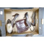 A collection of ladies vintage clothing including faux Crocodile handbags and Snake and Crocodile