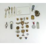 Group of military cap badges, buttons, watches, Chinese silver & enamel, silver wrist watch,