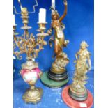 A mixed collection of items to include spelter Neo-classical lamp bases with shades plus a pottery