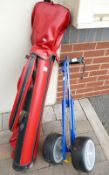 Golfing equipment to include a set of Wilson Irons in vintage red bag & cart (2)