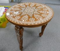 An Indian Hardwood and Bone inlaid occasional table, legs slightly loose, 50cm wide x 44cm high.