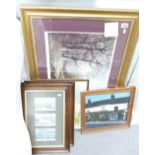 A large collection of mixed media framed artwork including landscapes, prints ,