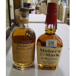 A bottle of Marker Mark Kentucky bourbon whisky together with a Monkey Shoulder malt scotch whiskey.