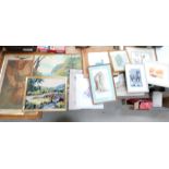 A large collection of mixed media artwork to include, watercolours and prints, with landscape and