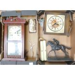 Mahogany 31 day clock, similar plastic item and a Spelter horse and jockey figure. (2 trays).