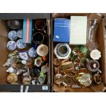 A collection of musical boxes, character jugs, ornaments, gold tea set etc ( 2 trays)