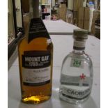 A bottle of Mount Gay black barrel Barbados rum together with a bottle of Caorunn Scottish Gin. Both