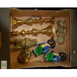 A pair of brass candlesticks, money boxes and two metal golly money boxes (1 tray)