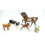 Beswick Animals x 5 - brown gloss Horse 1549 head tucked leg up, Highland Calf, Stalking Collie Dog,