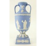 Wedgwood light blue Jasperware two handled vase decorated all around with classical scenes,