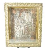 Silver plated on copper relief plaque of mythical King and Queen in ornate frame,