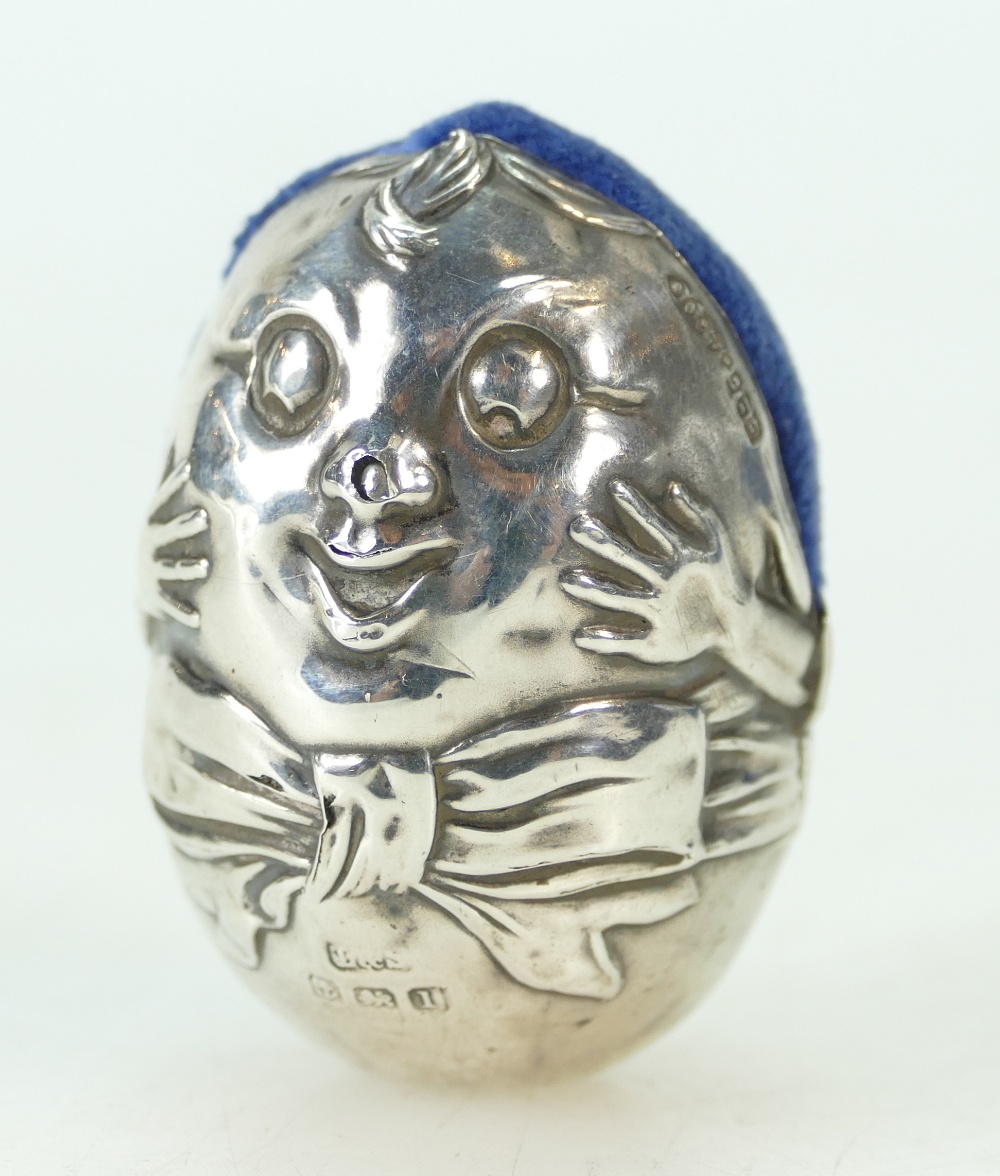 HUMPTY DUMPTY silver novelty PIN CUSHION by Levi and Solomon - hallmarked for Birmingham 1910. 4. - Image 4 of 4