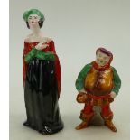 A Crown Staffordshire figure of a Lady in a medieval dress together with Falstaff (2)