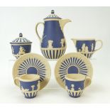 A prestige Wedgwood 'Four Seasons' Engine Turned Jasperware Coffee Set in Portland Blue & Primrose