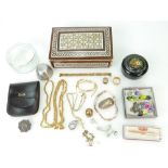 A collection of vintage items including silver brooches, gold plated items, china floral brooches,