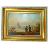 19th century oil on wood panel Fisherman & woman in later gilt frame,