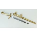 German naval officers dagger with fine Solingen etched blade & gilded scabbard. 42cm long.