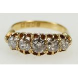 18ct Yellow Gold five stone DIAMOND ring, the stones together about 0.8 ct (80 points) approx.
