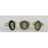 9ct Gold ring set with Wedgwood round Jasperware roundell and two other 9ct Gold rings set with