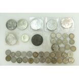 A collection of silver coins to include - 5 x £5 coins, 1 x £2 coin, a .
