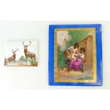 French porcelain plaque / panel depicting two young girls with a child in a rural setting,