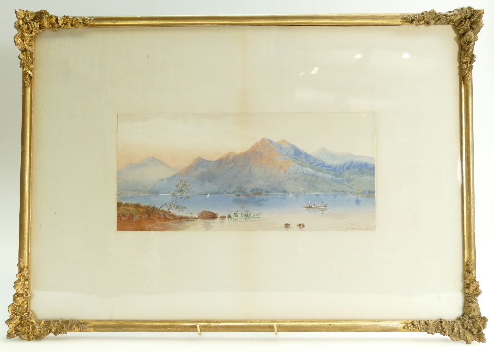 Large framed watercolour of shoreside scene, signed M Armstrong 1871.