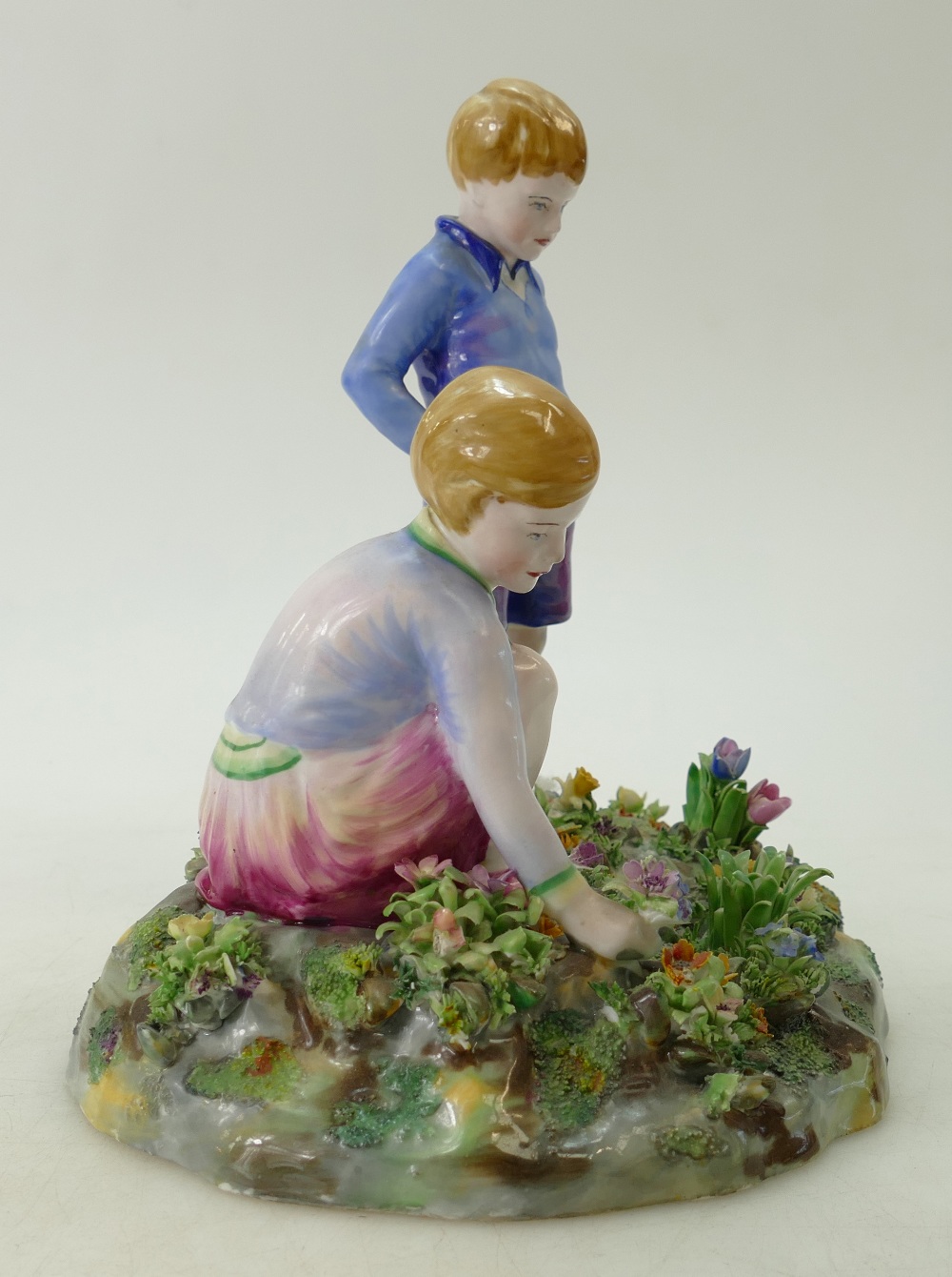 A Crown Staffordshire large figure group of a girl picking flowers and boy standing, - Image 4 of 5