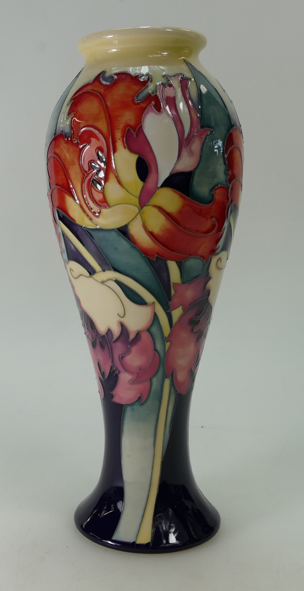 Moorcroft Parrot Tulip Vase, Limited Edition 28/50. Signed by designer Emma Bossons. Height 25cm.