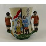 A bisque Loving Cup a small version of the Royal Doulton Jan Van Riebeck Loving Cup, height 13.