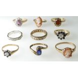 A collection of 9ct Gold Ladies rings including Cameo, dress rings,
