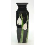 Lise B Moorcroft studio square vase decorated with snowdrops on black ground, dated 2014,