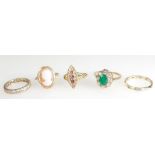 5 x Gold rings - 9ct Emerald & White Sapphire cluster, 18ct Chester hallmarked Ruby & Diamond,