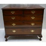 Georgian Mahogany chest of five drawers, with later Queen Anne feet and replacement brass handles,