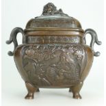 19th century Japanese bronze handled incense / Koro burner decorated with Peasants & Dogs of Foe /
