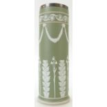 Wedgwood sage green Jasper dip Acanthus Bell flower with Arabesque border cylindrical vase.