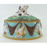 George Jones 19th century rare Majolica Game Dish & lid with Boy and Hound finial.