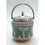 19th Century Wedgwood tri colour dip Jasperware biscuit barrel with EPNS silver plated handle and