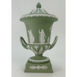 Wedgwood green Jasperware two handled vase & cover decorated all around with classical scenes,