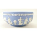 Wedgwood light blue Jasperware large footed bowl decorated all around with Dancing Hours ladies,