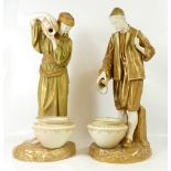 19th Century Large Blush Ivory Worcester Water carrier figures, pair, Puce mark to base,