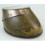 HORSES HOOF silver mounted trophy inkwell of Jeannette 1882. Monogrammed top and glass well.