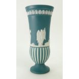 A prestige Wedgwood Teal Green Jasper Dip Striped Engine Turned Lovers Vase. Boxed. 24 cm in height.