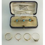 15ct Gold Brooch & 4 x gold rings - Diamond & turquoise insect brooch,
