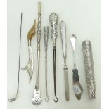 Hallmarked Silver and Silver coloured metal items - including parasol handle, button hooks,